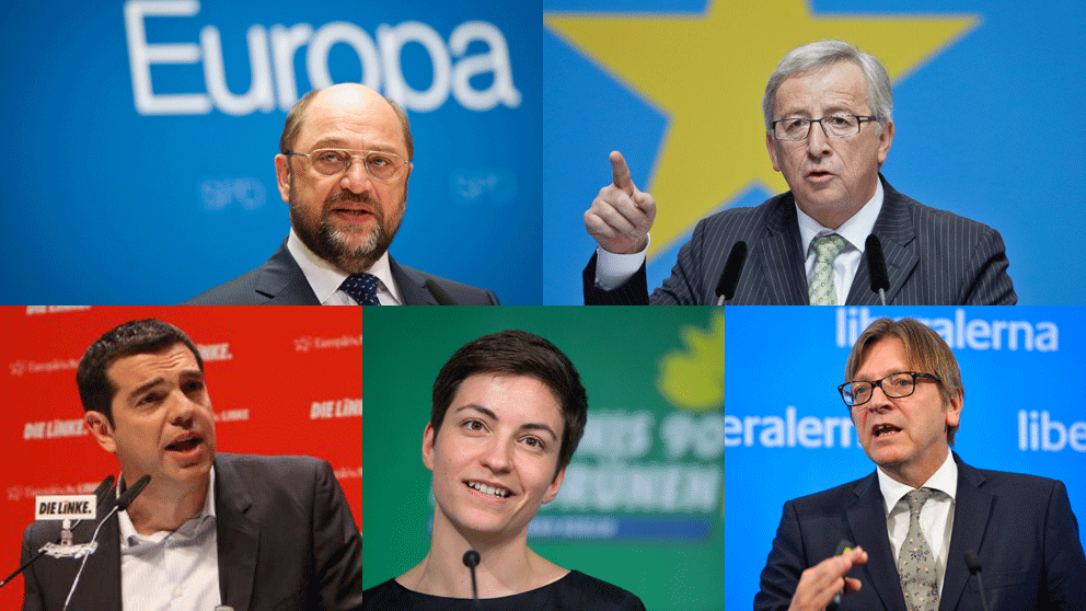 Martin Schulz, Jean-Claude Juncker, Alexis Tsirpas, Ska Keller och Guy Verhofstadt