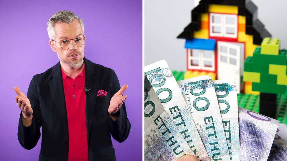Bild på SVT:s reporter Alexander Norén som iklädd kavaj och röd tröja håller ut armarna och bild på en hög med pengar.