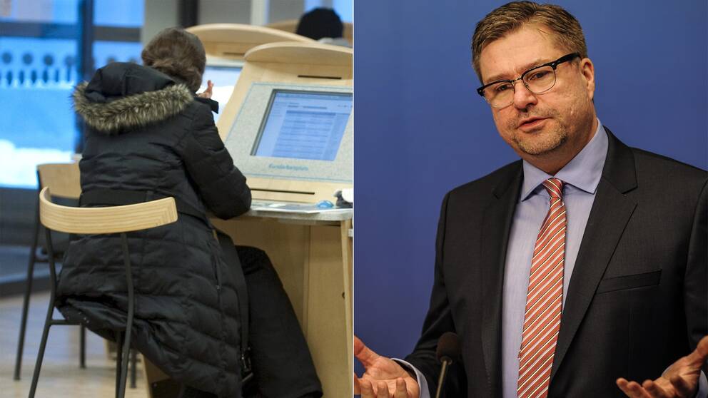 Arbetssökande till vänster, Arbetsförmedlingens generaldirektör, Mikael Sjöberg, till höger. Arkivbilder.