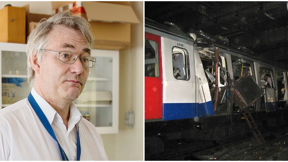 Henric Östmark, forskningschef på, FOI, samt en söndersprängd tunnelbanevagn i London efter terrordåden den 7 juli 2005.