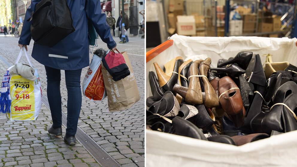 En kvinna går med kläder till insamlingen samt en massa skor i en behållare.