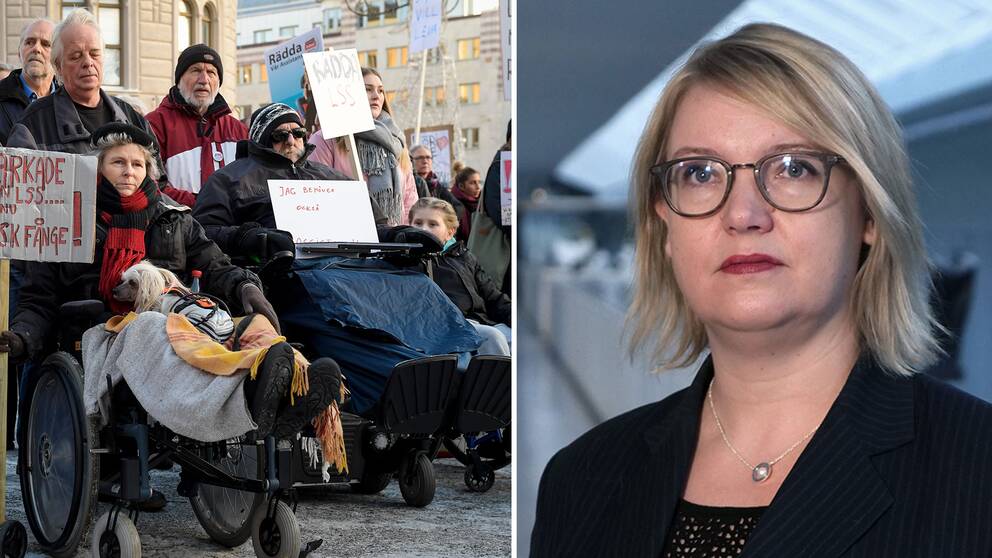 Demonstrationer 206 mot nedskärningar av personlig assistans och SVT:s reporter Marja Grill.