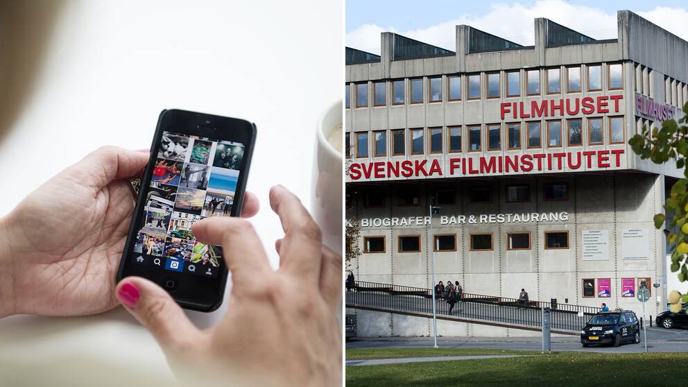 En mobiltelefon och Svenska filminstitutets byggnad Filmhuset.