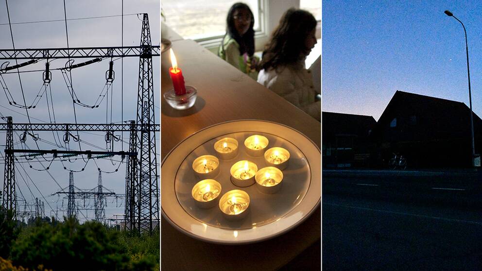 Tre bilder. Elledningar, värmeljus som brinner och ett nedsläckt bostadsområde