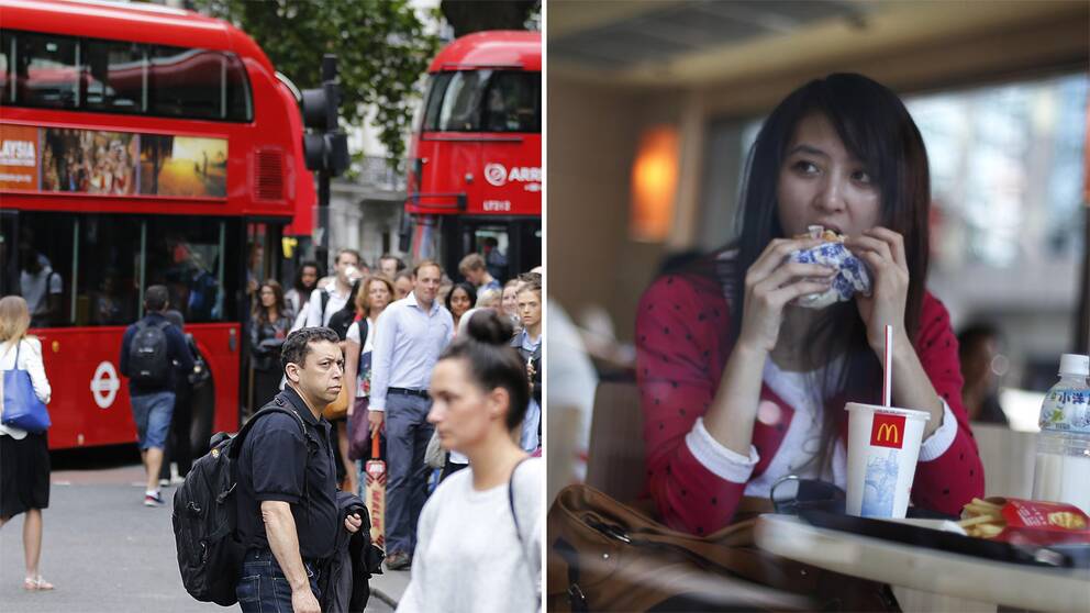 Bussar i London och en kvinna som äter hamburgare.