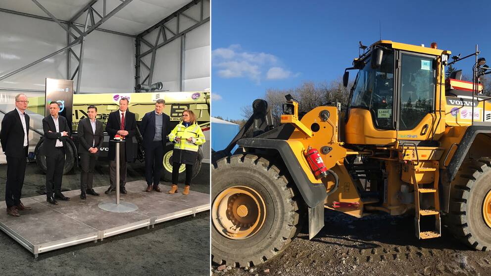 En grupp medelålders män i kostym och en kvinna i reflexjacka i samband med invigningen av 5G-nätet, samt en bild på en av de fjärrstyrda hjullastarna på Volvo.