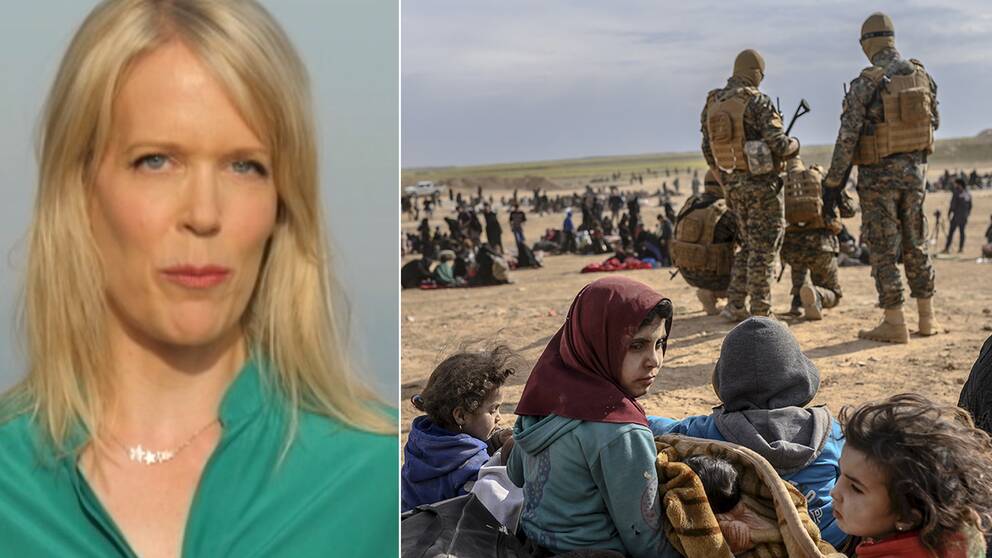 SVT:s Mellanösternkorrespondent Stina Blomgren. Till vänster: IS-medlemmars familjemedlemmar i lägret i byn Baghuz.