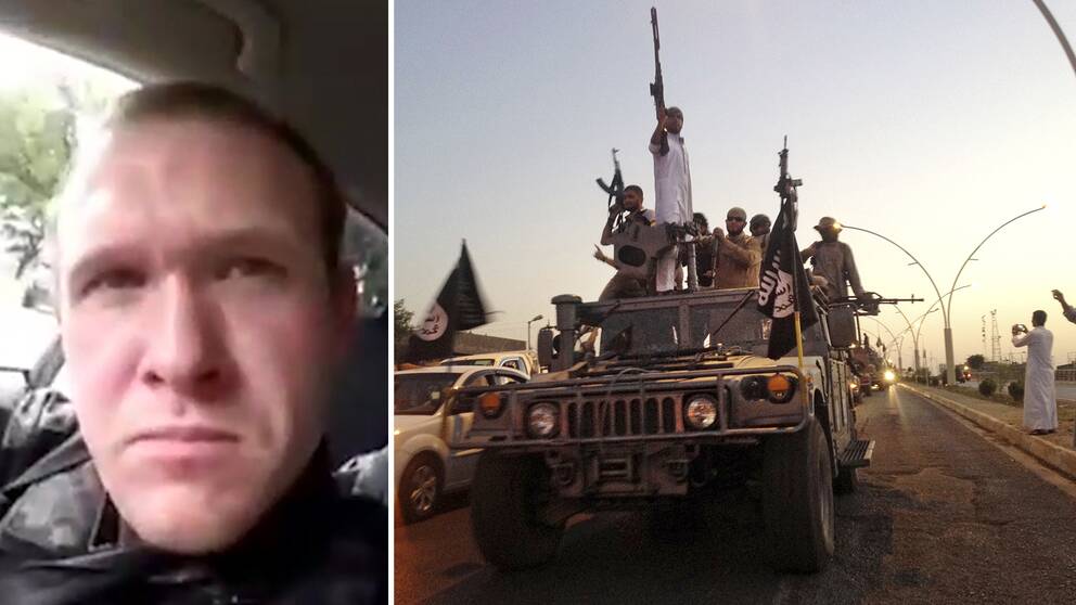 Anonyma hyllningar och provokationer för att agera, inte bara snacka – massmördaren och terroristen Brenton Tarrant (till höger) har detta gemensamt med många IS-terrorister, skriver SVT:s Diamant Salihu
