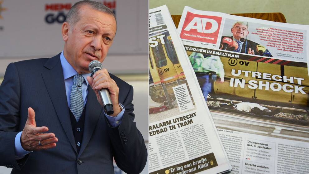 Turkiets president Recept Tayyip Erdogan. Till vänster: Framsidan av tisdagens tidningsupplagor.