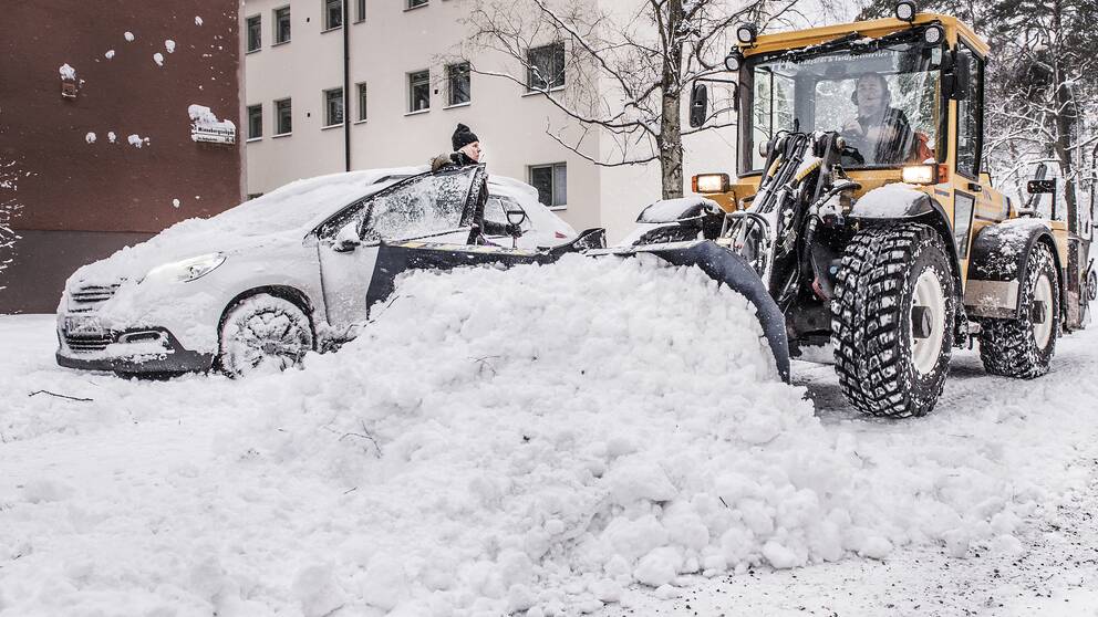 Genrebild. Traktor som skyfflar bort snö bredvid en bil. Kvinnan i bilen öppnar dörren och ser ut att bli inplogad av en vall.