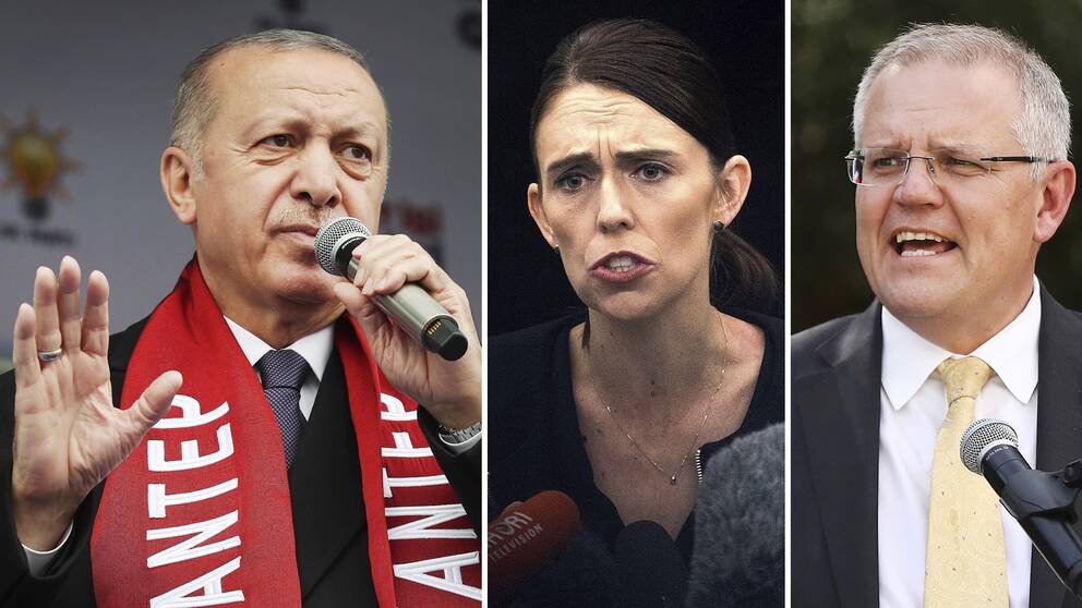 Uttalandet från Turkiets president Erodgan (till vänster) har fått Nya Zeelands och Australiens premiärministrar, Jacinda Ardern och Scott Morrison, att reagera starkt