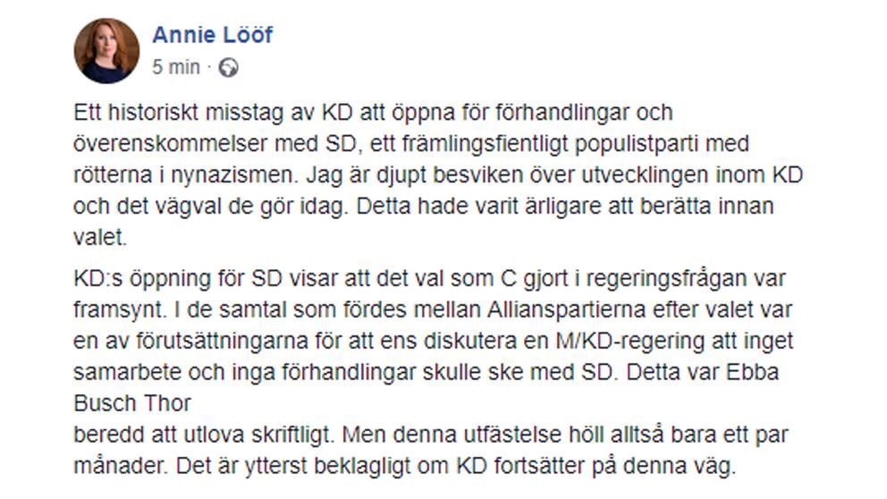 C-ledaren Annie Lööf skriver på Facebook att hon är 