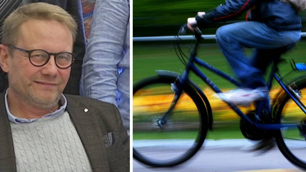 Erling Cronqvist (C), kommunstyrelsens ordförande i Laholm och cykel.