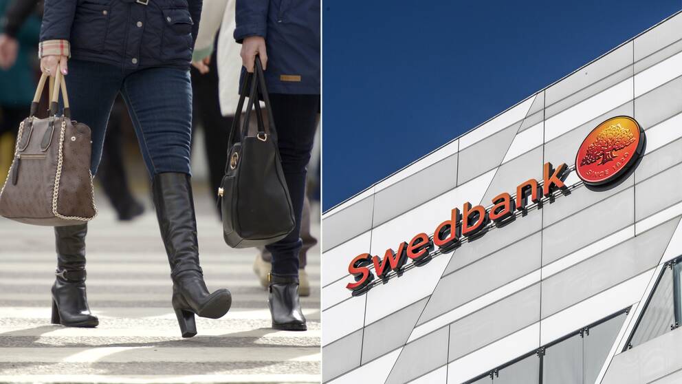 Kvinna som går samt en bild på Swedbanks logotyp.