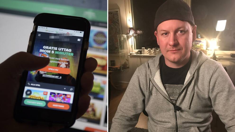 Bild till vänster: en mobil med spelreklam. Bild till höger: Caset Christopher.