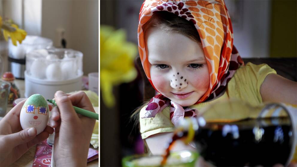En person som målar påskägg och en flicka utklädd till påskkärring som häller upp påskmust.