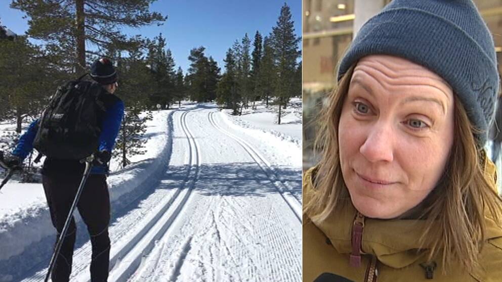 Man åker skidor i skidspår, snö och sol, intervjubild på kvinna i mössa