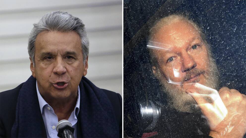 Ecuadors president Lenín Moreno och Wikileaksgrundaren Julian Assange i en polisbil efter att hans gripits i London.