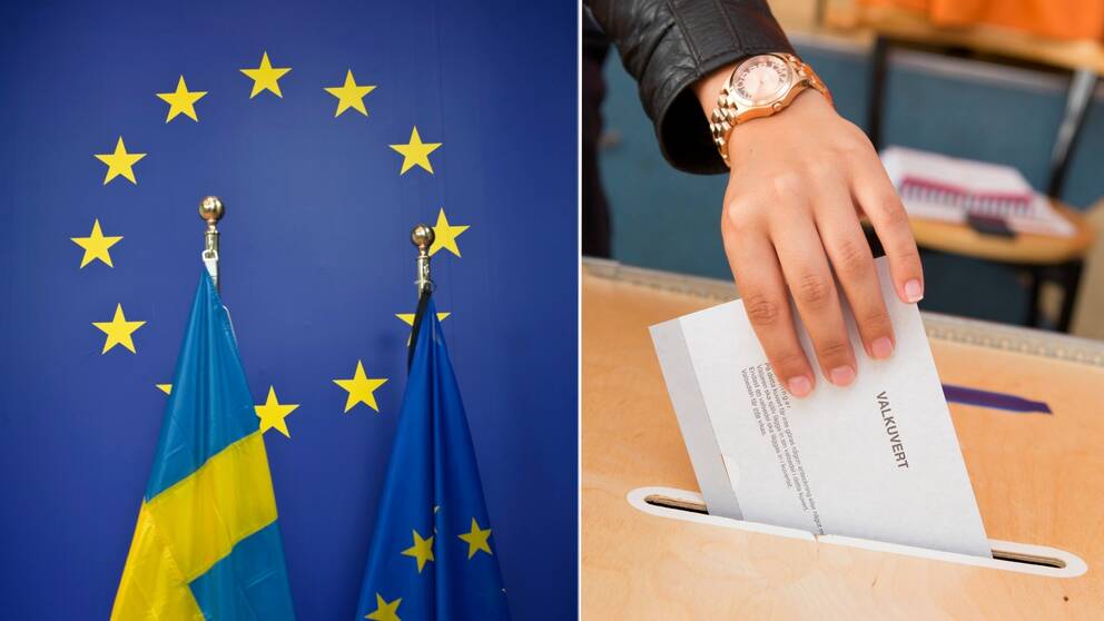 Bild på Sveriges och EU:s flagga och bild på hand som stoppar valkuvert i låda.
