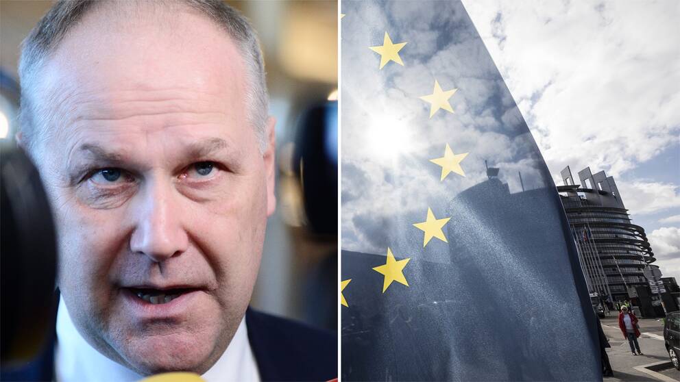 Vänsterpartiets Jonas Sjöstedt och bild på EU-flaggan i förgrunden och Europaparlamentet i bakgrunden.