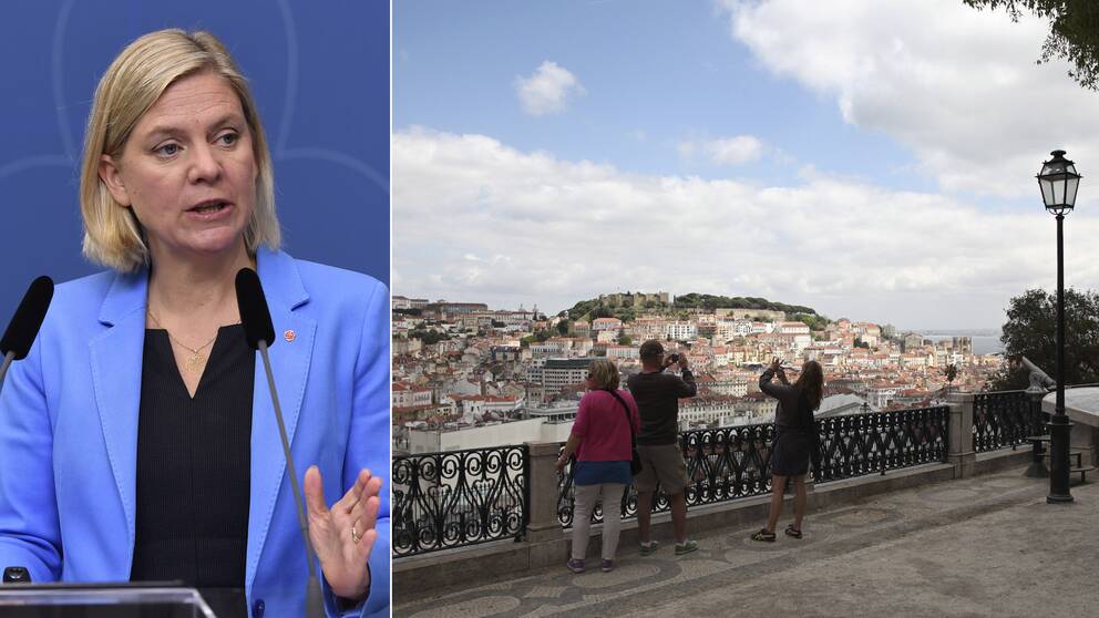 Bild på Magdalena Andersson och bild på turister i Portugal.