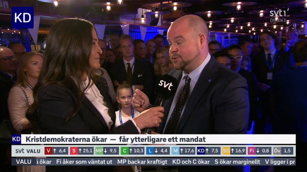 KD:s partisekreterare Peter Kullgren tog emot jubel på partiets valvaka.