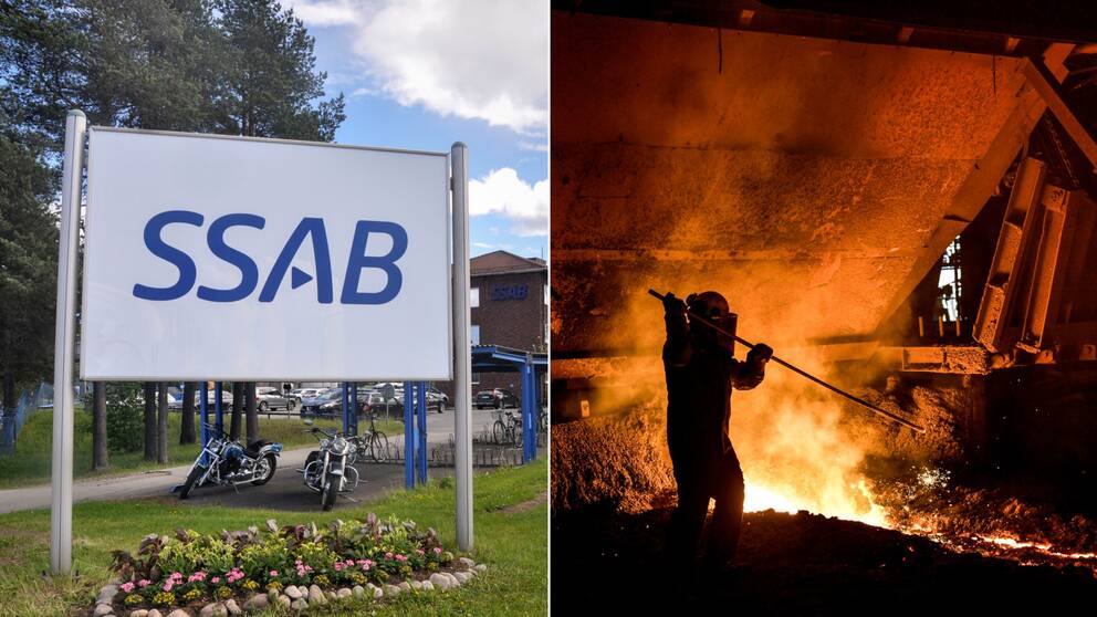 Kollage. Bild på SSAB:s skylt i Luleå till vänster och bild på en masugn på SSAB i Oxelösund.