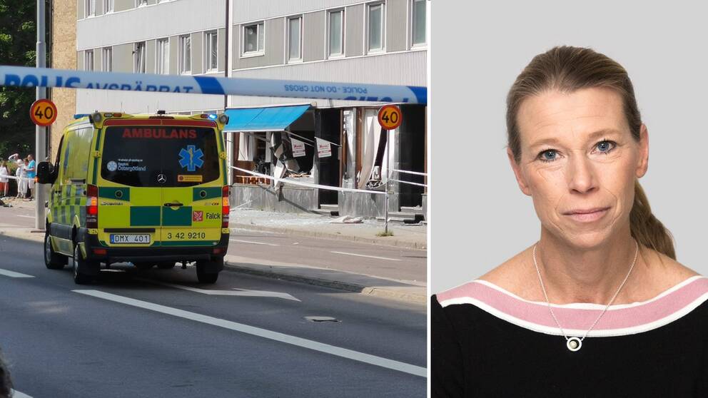 Två ambulanser och en brandbil vid platsen för explosionen i Linköping. En porträttbild av Maria Karlsson.
