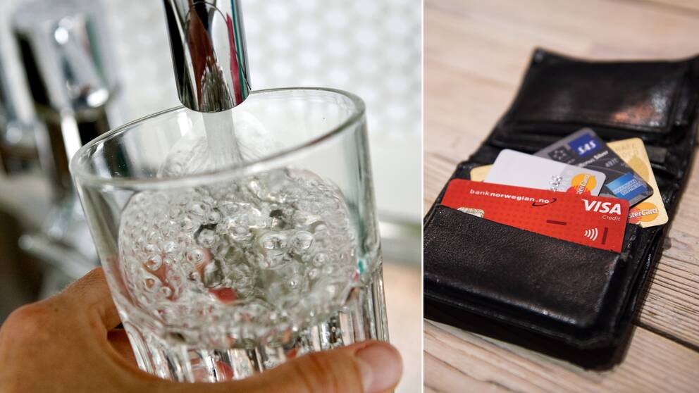 Bild på vatten hälls upp i ett glas från vattenkran och bild på plånbok med olika kreditkort.