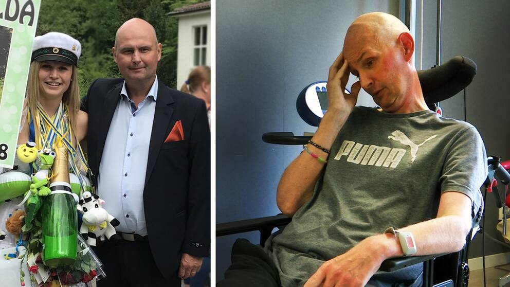 Två bilder på samma man före och efter TBE. Han har minskat kraftigt i vikt.