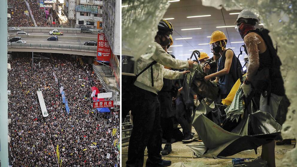 Demonstranter med hjälmar, skyddsglasögon och paraplyer krossade glaset och tog sig in i lagstiftande rådets byggnad i Hongkong.