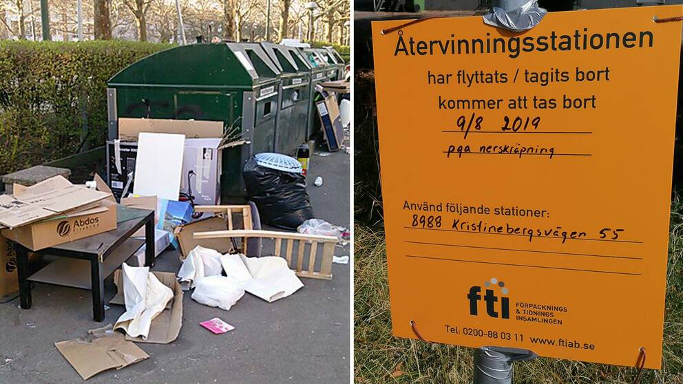 Skräpig återvinningstaion, skylt om att återvinningsstation stängs