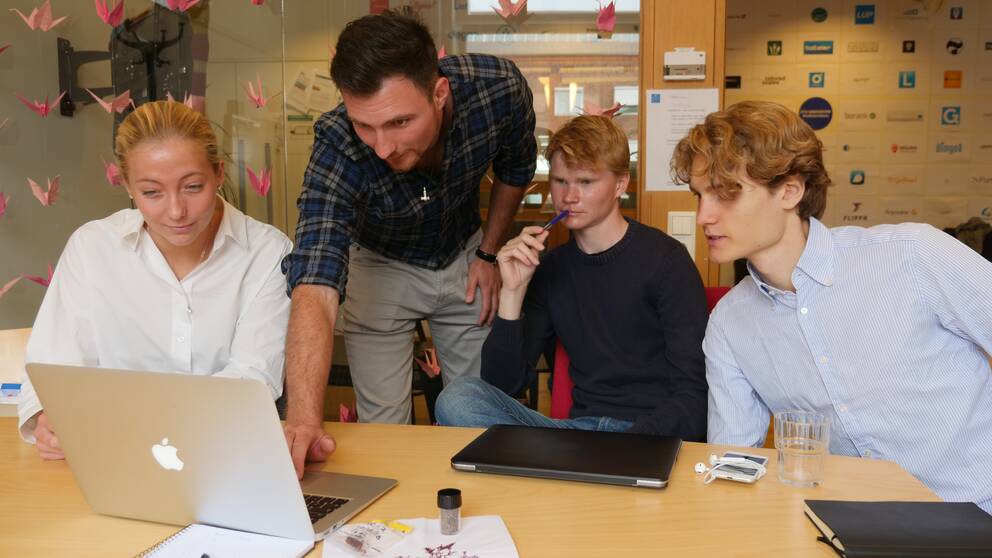 Ruth Öberg, Angelo Demeter, Fredrik Åkerman och Leo Wezelius från KTH-startupen Volta Greentech tittar på en laptop.