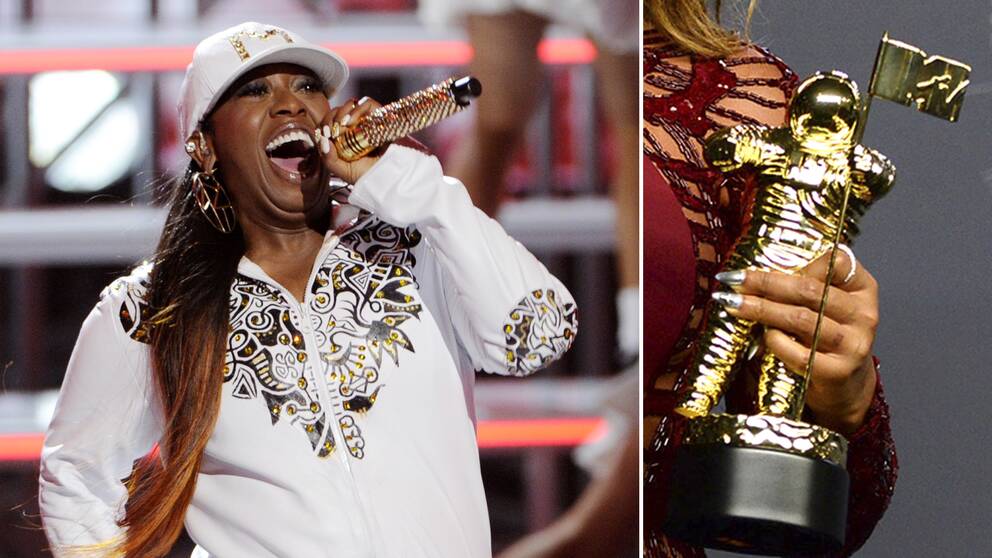 BIld på Missy Elliott som sjunger och bild på själva priset.
