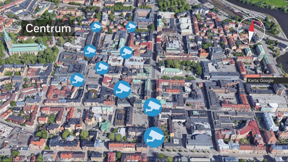 En karta över centrala Linköping där planerade övervakningskameror är markerade. Se faktaruta under artikeln för att se adresserna där de ska sättas upp.
