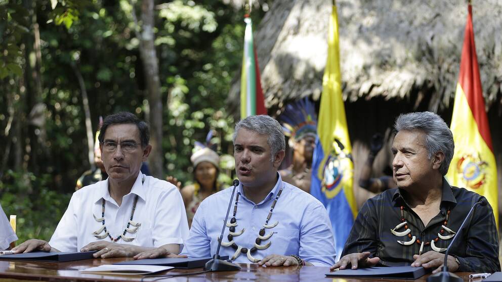 Presidenterna från Peru, Colombia och Ecuador vid fredagens toppmöte: Martín Vizcarra, Iván Duque och Lenín Moreno.