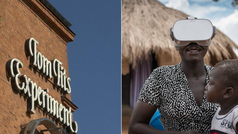 Kollage med Tom Tits fasad till vänster och flyktingmamma med barn i famnen och VR-glasögon på till vänster.