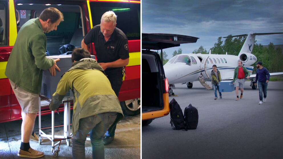 En bild på tre personer som bär ut hjärtboxen ur en ambulans, och en när de bar hjärtboxen från ett flygplan.