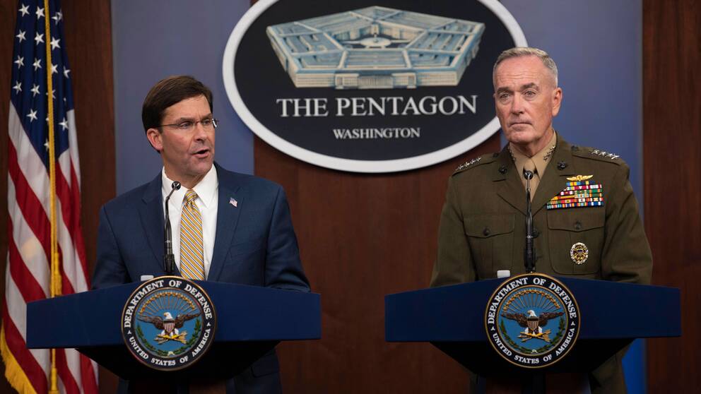USA:s försvarsminister Mark Esper och general Joseph Dunford i Pentagon den 20 september 2019. 