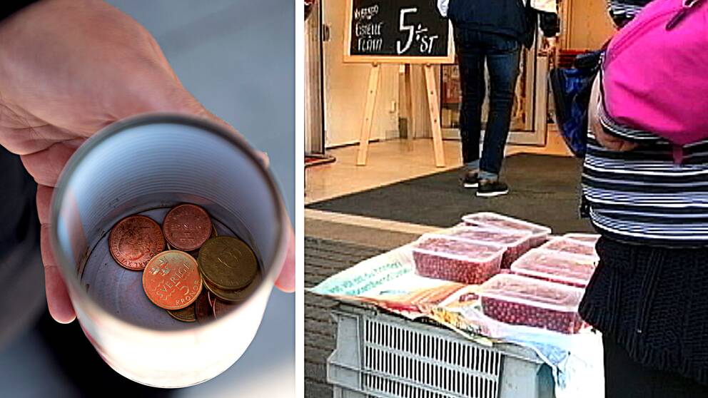 Närbild av mugg med några mynt i – kvinna med platslådor fyllda med lingon