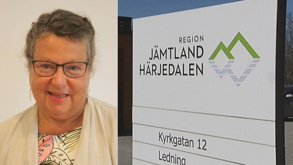 Porträttbild på Eva Hellstrand, centerpartistiskt regionråd. Bild på en skylt med texten Region Jämtland Härjedalen