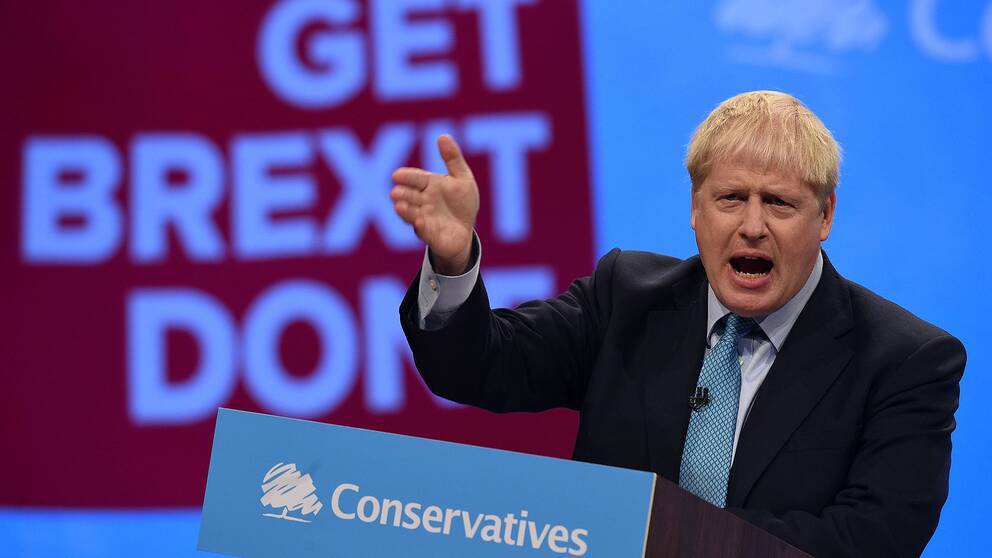 Brittiske premiärministern Boris Johnson talar på tory-kongressen
