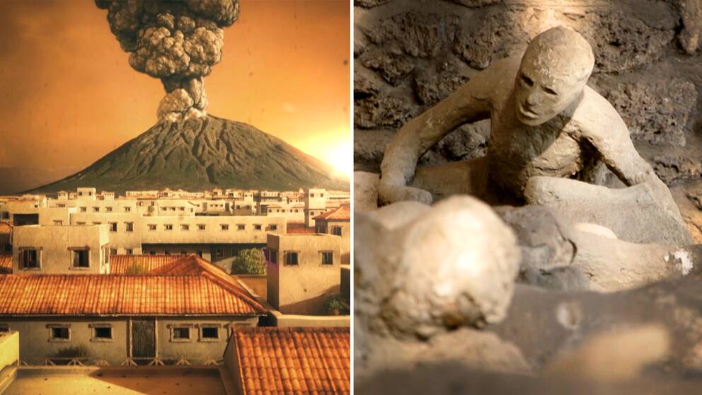 En animerad bild som visar vulkanen Vesuvius utbrott för snart två tusen år sedan, sett från staden Pompeji. Den andra bilden är på avjutningar av några av de människor som miste livet vid utbrottet.