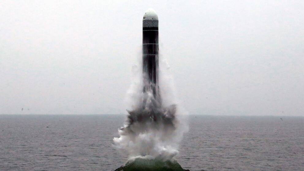 Foto av vad som uppges vara en strategisk ballistisk robot som avfyras från en nordkoreansk ubåt den 2 oktober 2019. Fotot är distribuerat av Nordkoreas statliga nyhetsbyrå KCNA. 