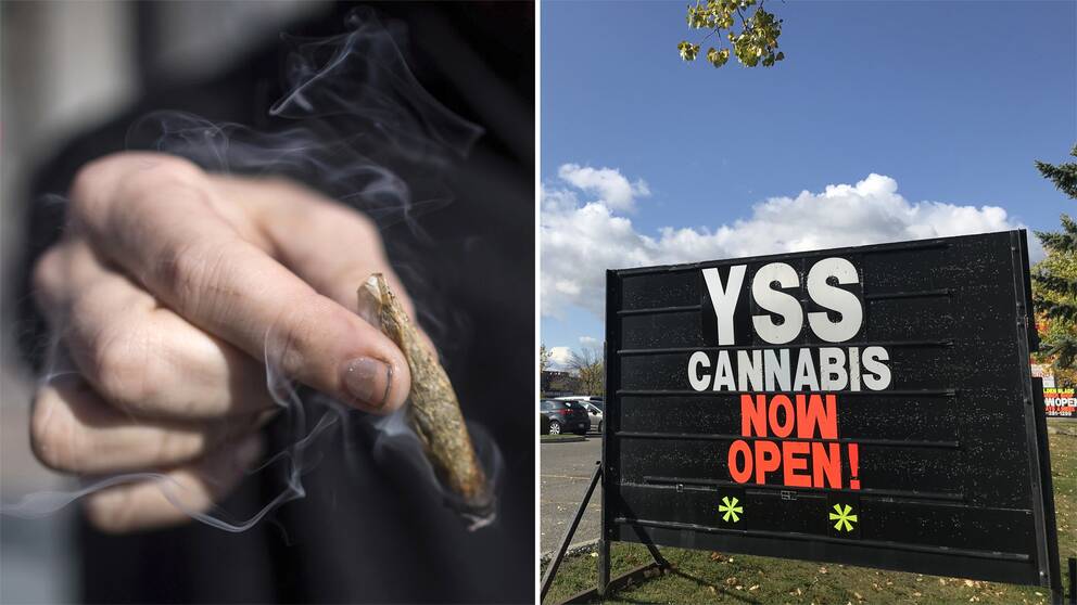 En person som röker cannabis och en skylt som säger att cannbis säljs.