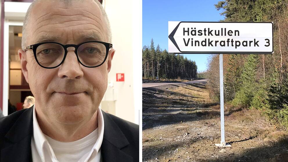 Per Nordlund, vd för Nysäter Wind och en bild på skylten till Hästkullens vindkraftpark