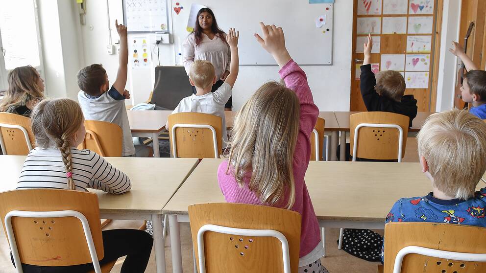 Skolbarn i ett klassrum räcker upp händerna.
