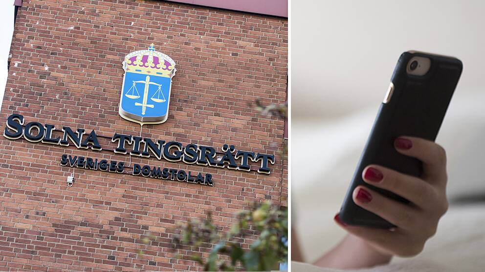 Bild på husfasaden och skylten hos Solna tingsrätt och bild på kvinnohand som håller upp en smartphone. 