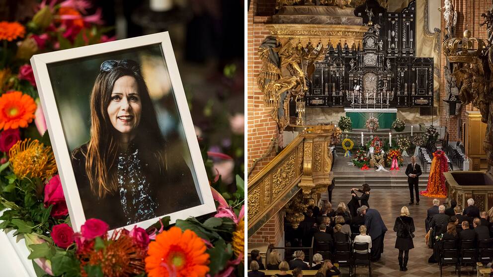 Två bilder som visar ett fotografi av Sara Danius och en överblick över Storkyrkan i Stockholm.