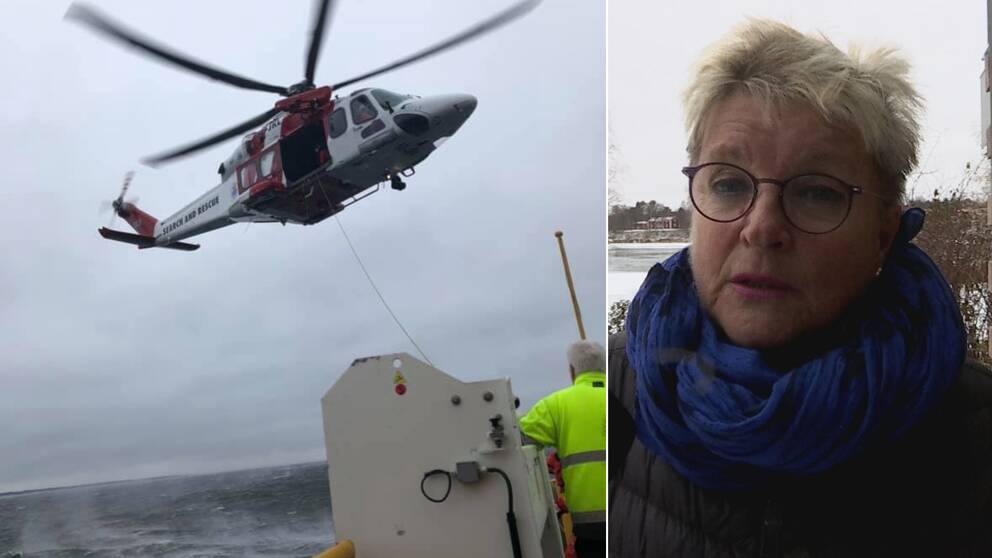 En delad bild på räddningshelikoptern som evakuerade Holmöfärjan och Mona SKoglund som var passagerare.